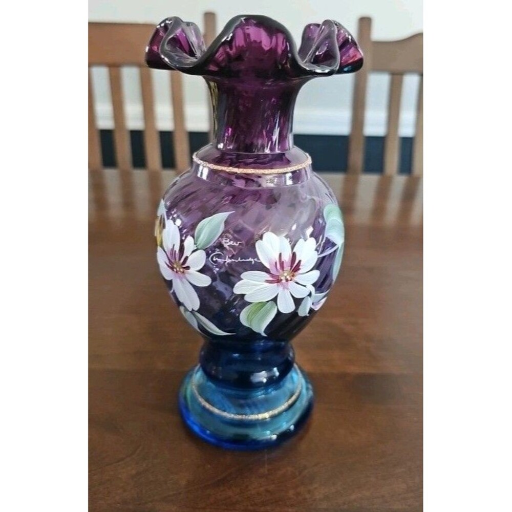 Fenton MULBERRY Glass Vase 50th Anniversary Hand Painted Vintage SIGNED